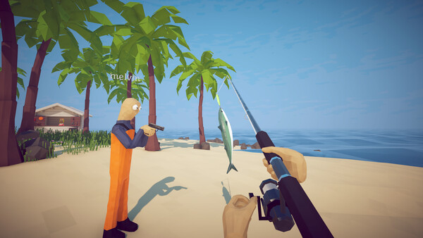 How to Fish player holding a fishing rod beside a co-op player and a hooked fish